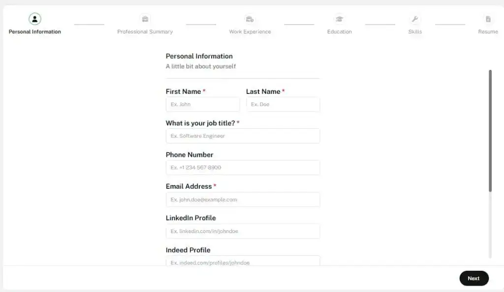 Screenshot of resume builder entering personal information