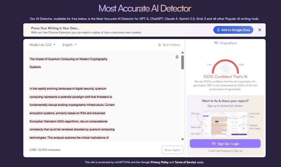 Originality AI Sample 2 AI-generated essay result screenshot