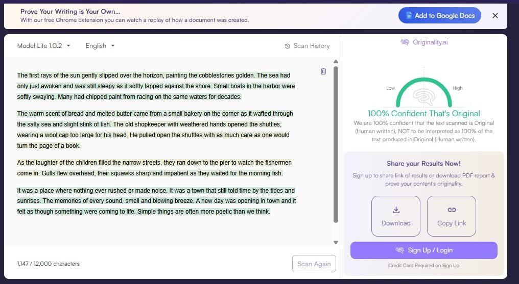 Avis complet sur Ryne AI : fonctionnalités, tarifs et performances 9 Originalité IA – Exemple 2 : capture d'écran du résultat d'un texte généré par l'IA créative