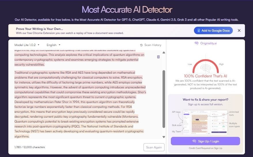 Originality AI Sample 3 humanized AI essay result screenshot