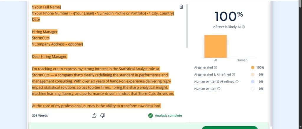 Scribbr AI Detector Überprüfung: Ist er akkurat? 6 Screenshot von Scribbr zeigt das Ergebnis von 100% Text, der wahrscheinlich von einer künstlichen Intelligenz generiert wurde