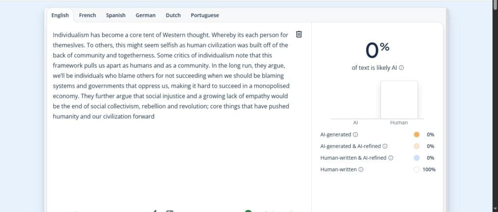 Scribbr AI Detector Überprüfung: Ist er akkurat? 8 Screenshot von Scribbr mit den Ergebnissen der KI-Erkennung für eingereichten Text