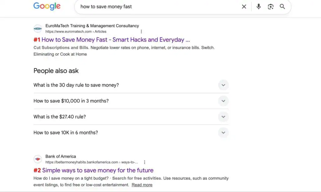 Comment utiliser l'IA pour créer du contenu bien classé (sans se faire pénaliser) 8 Screenshot of second keyword “How to Save Money Fast%22