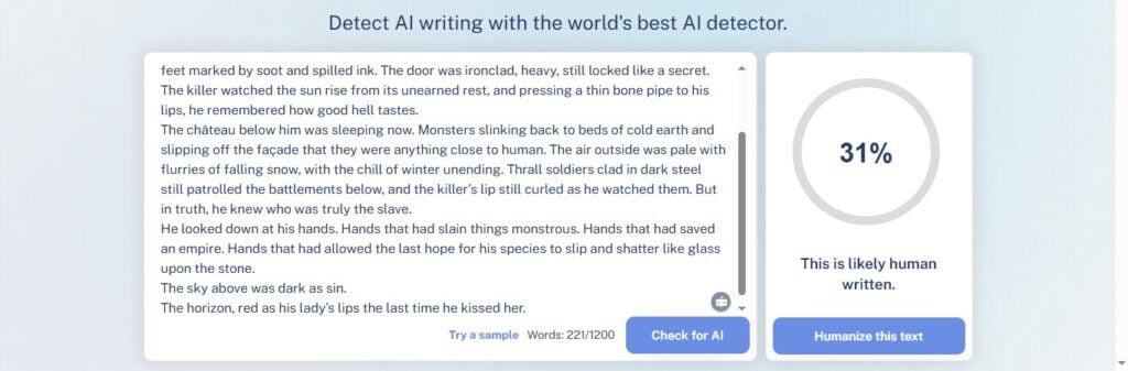 WriteHuman AI screenshot showing second test with 31% human likelihood result