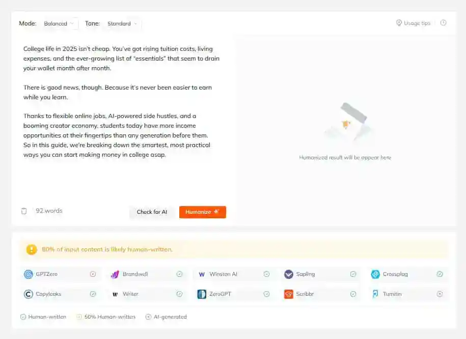 Captura de tela mostrando o resultado da detecção do Tenorshare AI