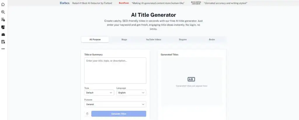 Schermata della pagina dello strumento AI Title Generator