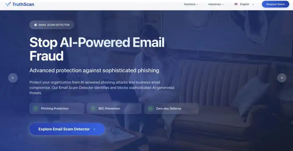 Screenshot of TruthScan Email Scam Detector displaying results for email scam analysis
