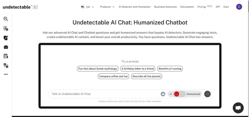 Cómo escribir una carta de presentación para unas prácticas + Ejemplos 5 Captura de pantalla de la interfaz principal de Undetectable AI Chat