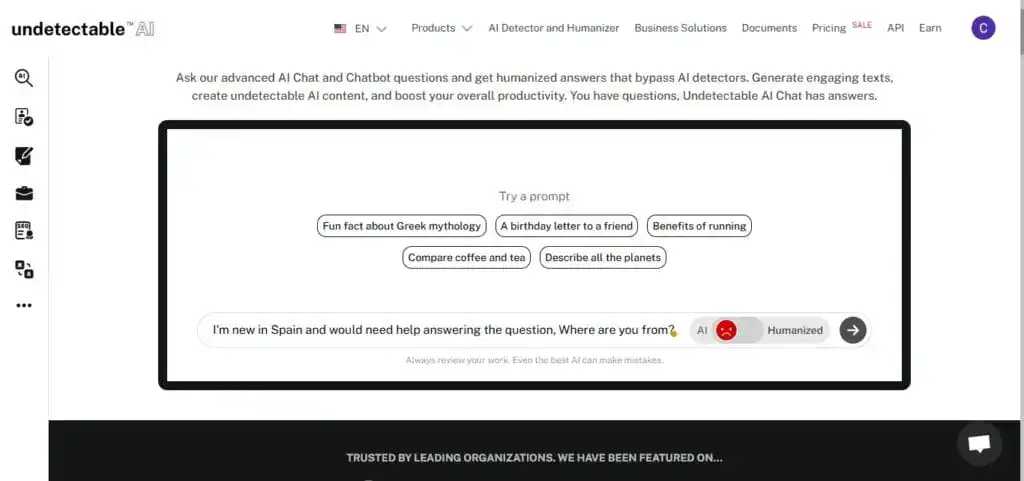 Avverbio vs aggettivo: Conoscere la differenza grammaticale 4 Schermata dell'interfaccia della dashboard principale di Undetectable AI Chat