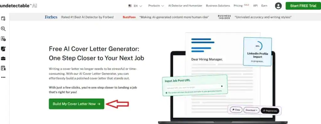 Screenshot of Undetectable AI's cover letter generator clicking 'Build My Cover Letter Now'