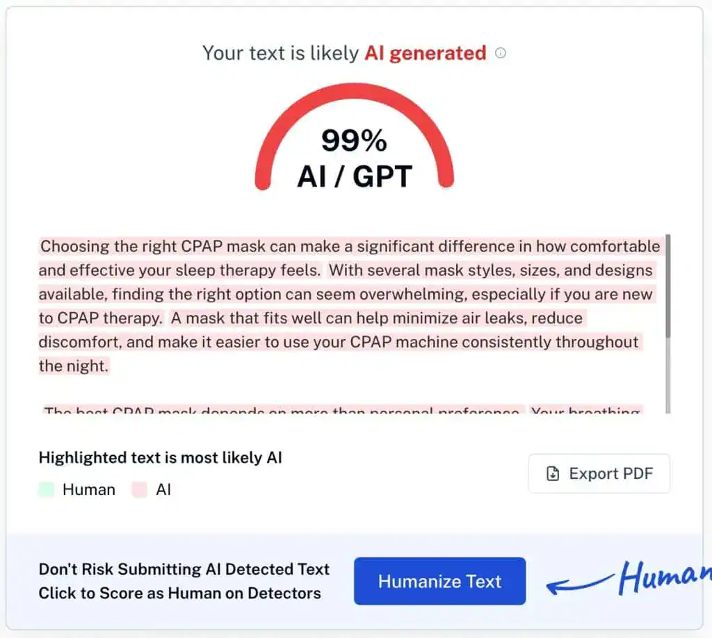 Screenshot del punteggio di un esempio di Undetectable AI-ChatGPT