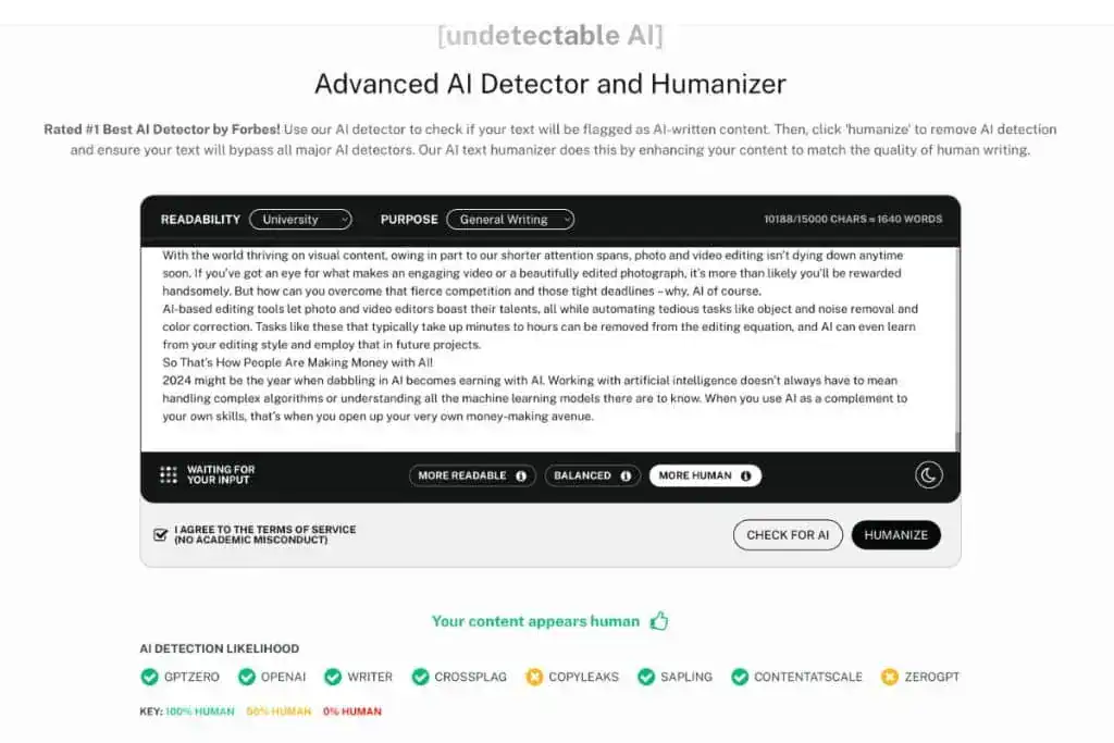 The content was detected as written by human with Undetectable AI