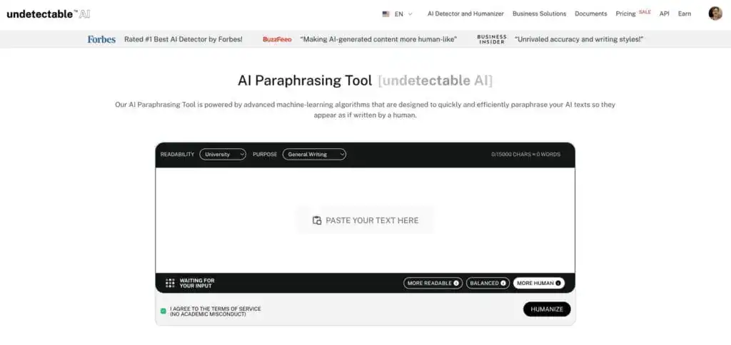 undetectable ai paraphraser homepage