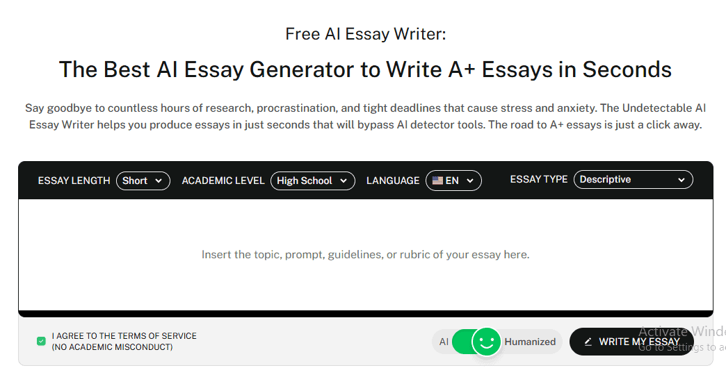 Undetectable AI's essay writer can assist you in completing all your writing tasks