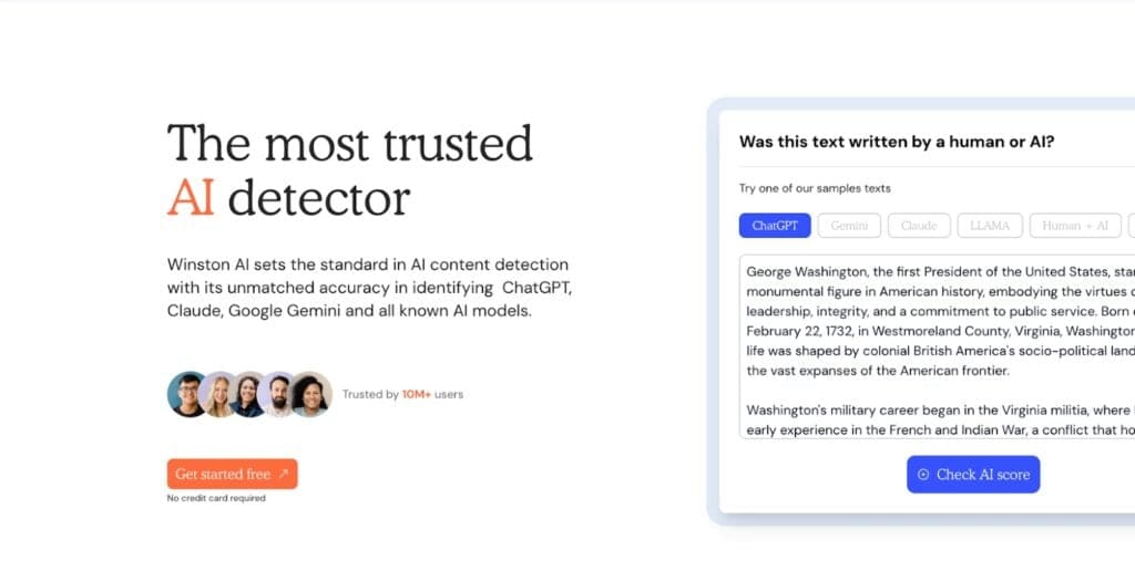 Recensione di Winston AI: è in grado di rilevare con precisione i testi scritti dall'intelligenza artificiale? 2 Screenshot showing the Winston AI homepage