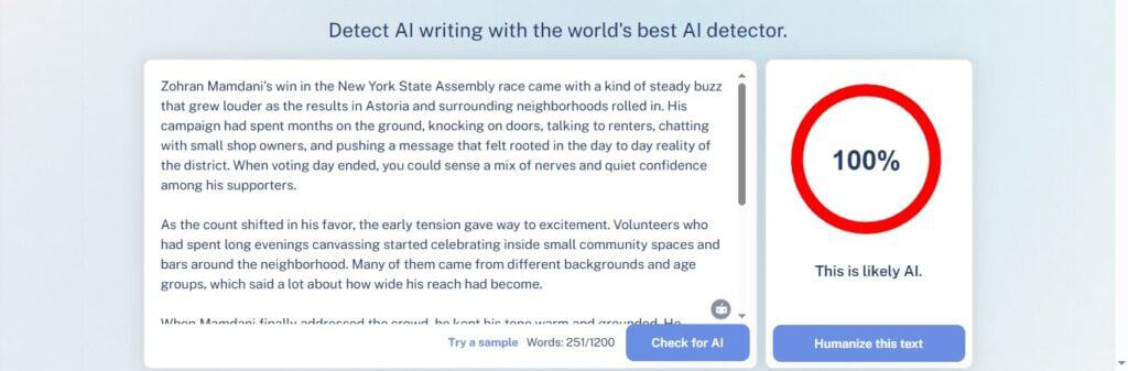 WriteHuman AI Detector 100% AI result screenshot