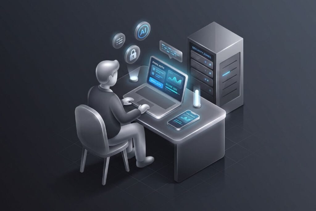 3D illustration of a man checking email authentication