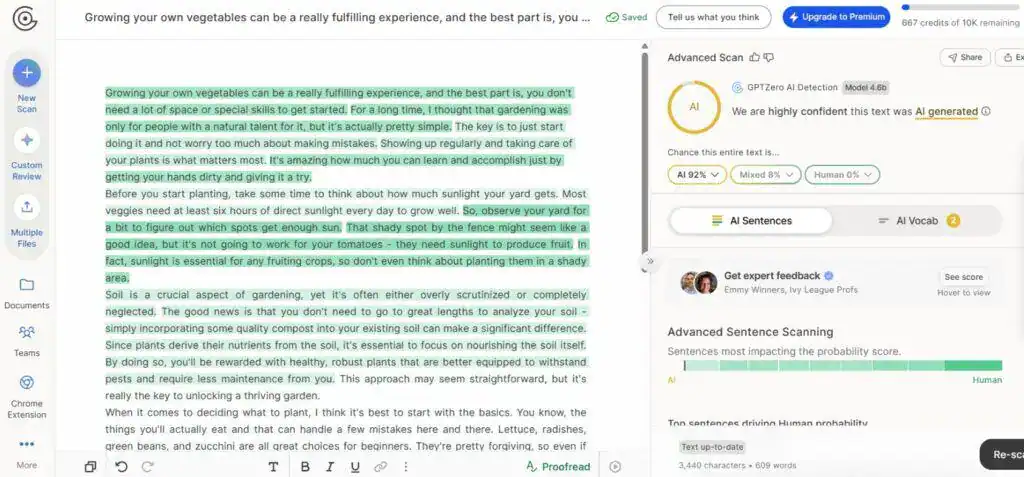 Screenshot of GPTZero’s verdict and accuracy