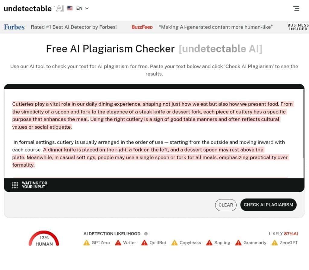 Screenshot showing Cutleries result in Undetectable AI Plagiarism Checker