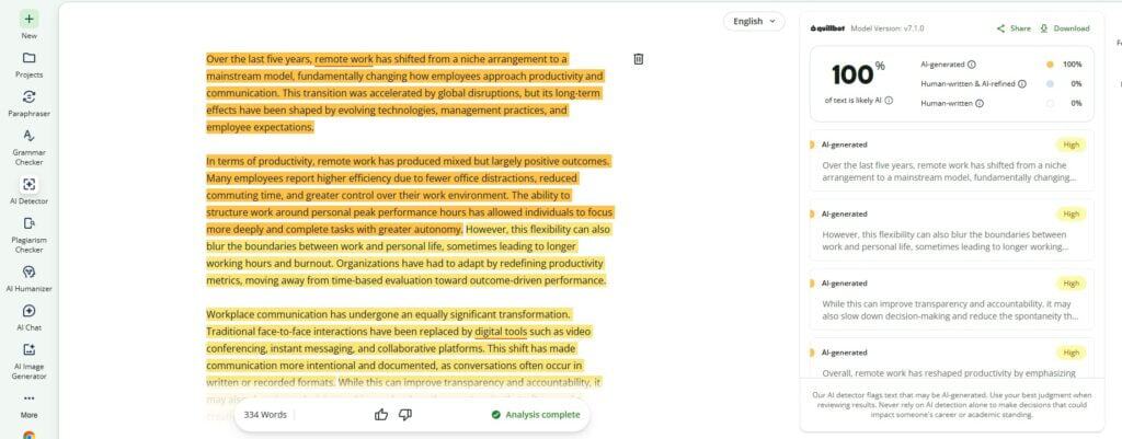 Qual è il rilevatore di IA più accurato del 2026? Confronto completo: 14 modelli Screenshot di un esempio di Quillbot-AI - Prompt ChatGPT 1