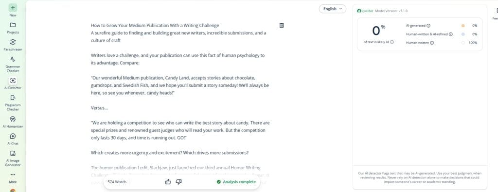Qual è il rilevatore di IA più accurato del 2026? Confronto completo: 15 modelli Screenshot dell'articolo "Slackjaw" - Esempio Quillbot-Human