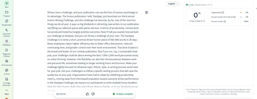 Qual è il rilevatore di IA più accurato nel 2026? Confronto completo: 16 modelli Screenshot di Quillbot-Mixed (IA + umana)