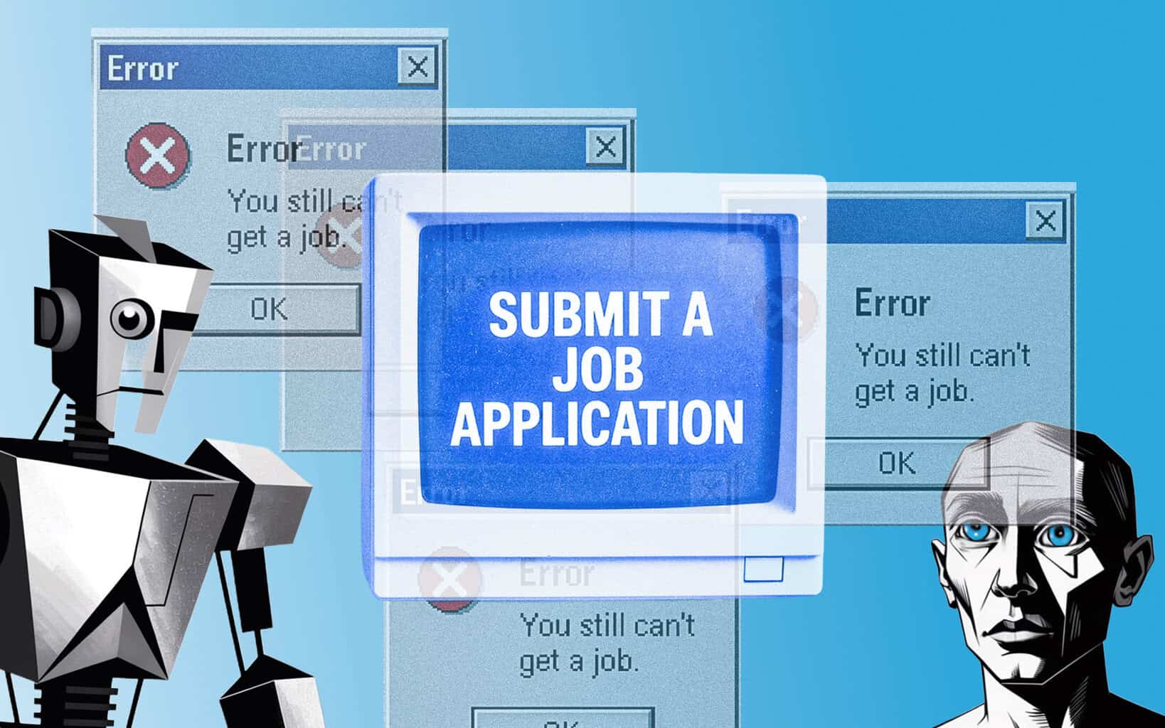 A graphic showing a robot on the left and a man on the right in the style of a Picasso drawing in black and white. In the middle is an old-school early 2000s desktop computer.