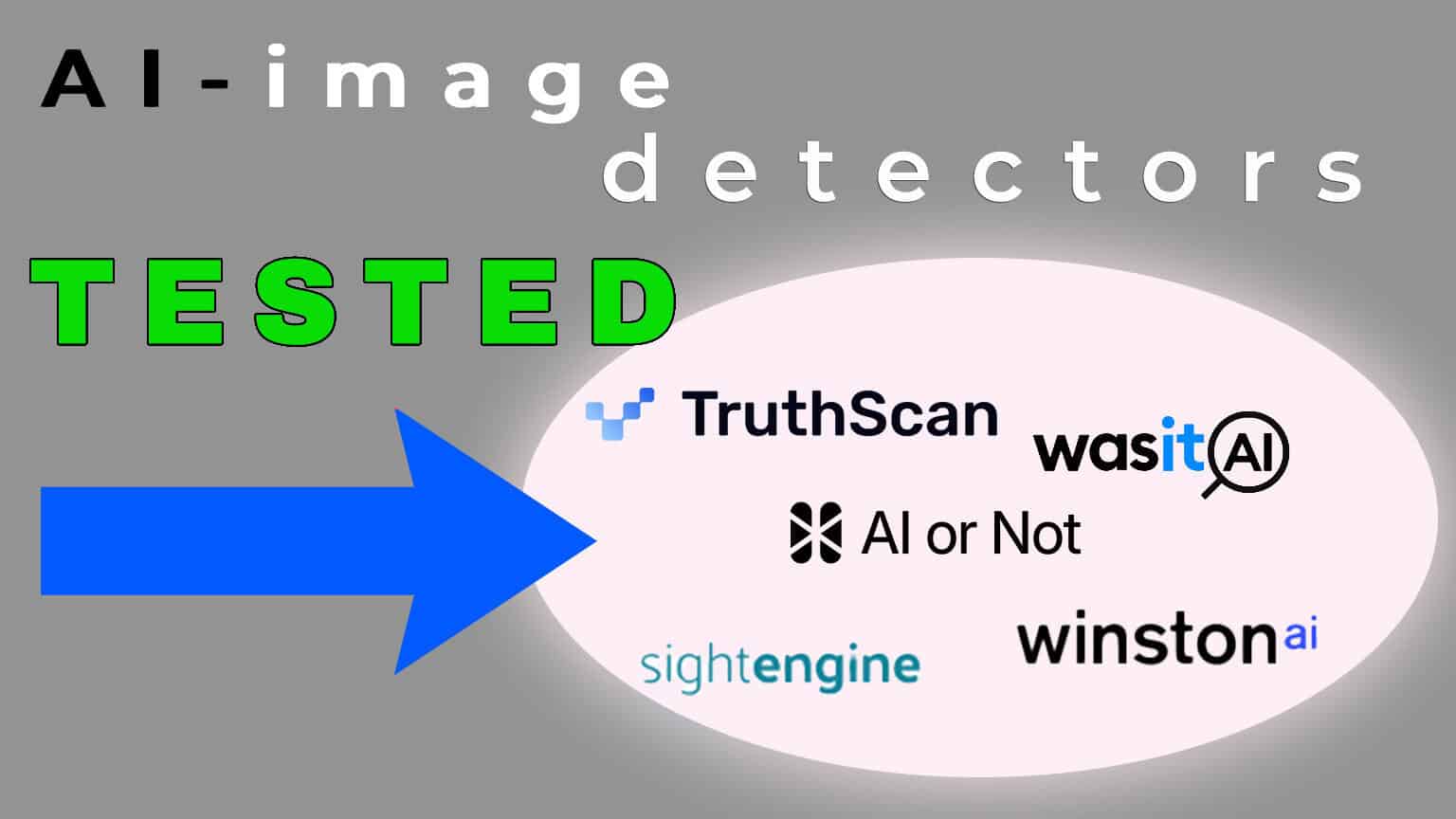 Um gráfico dizendo "Detectores de imagem de IA testados" com uma seta apontando para os logotipos do TruthScan, WasItAI, Winston AI e Sight Engine. Os logotipos são englobados em um círculo branco
