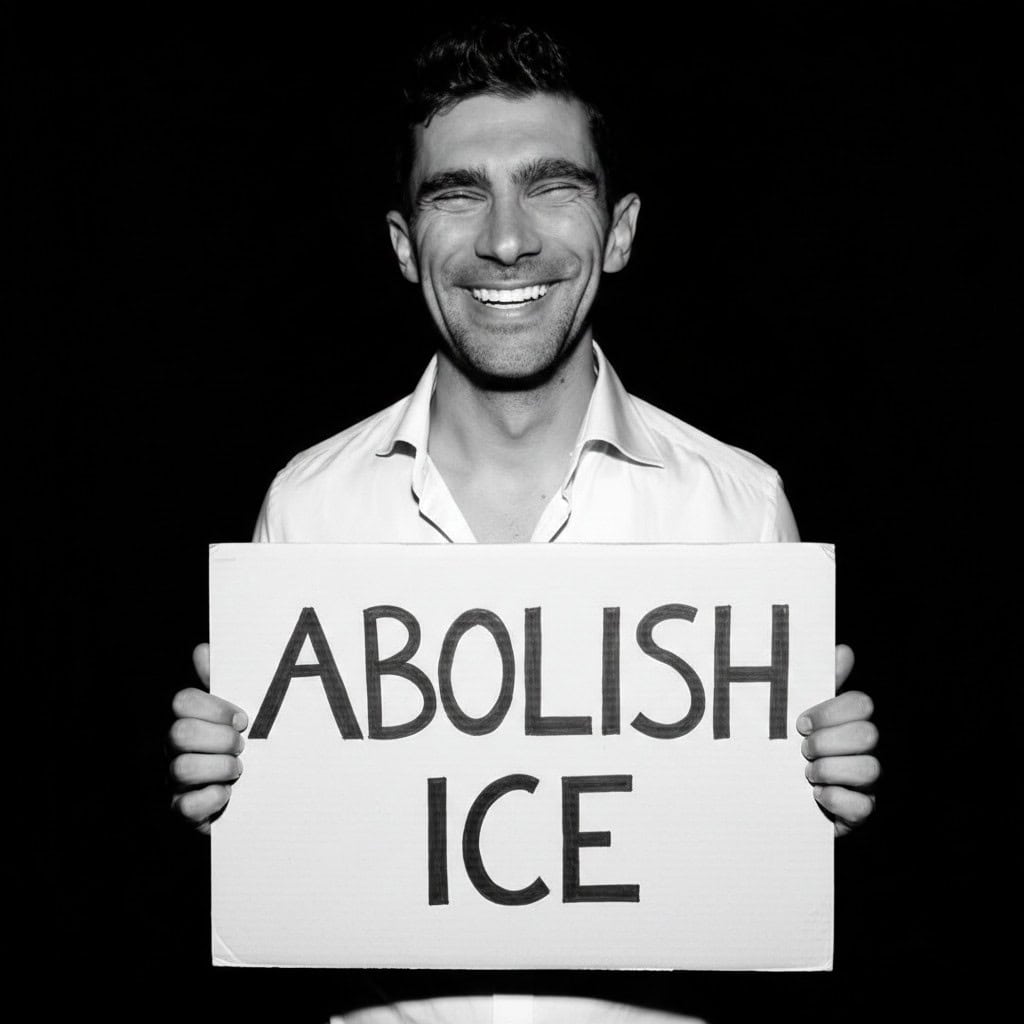 Ich habe 5 AI-Bilddetektoren getestet. Dies sind die besten im Jahr 2026: 15 Ein von der KI verändertes Foto eines Mannes namens Ben, der ein Schild mit der Aufschrift Abolish ICE" (ICE abschaffen) hält.